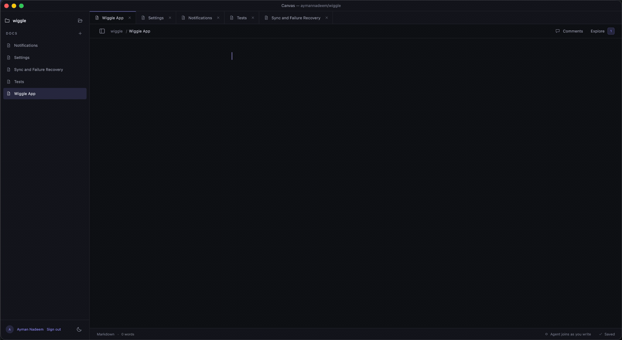 A software specification being typed into Nuanced Canvas.