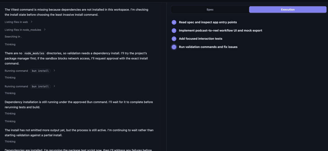 The agent's running log beside a checklist of tasks derived from the spec